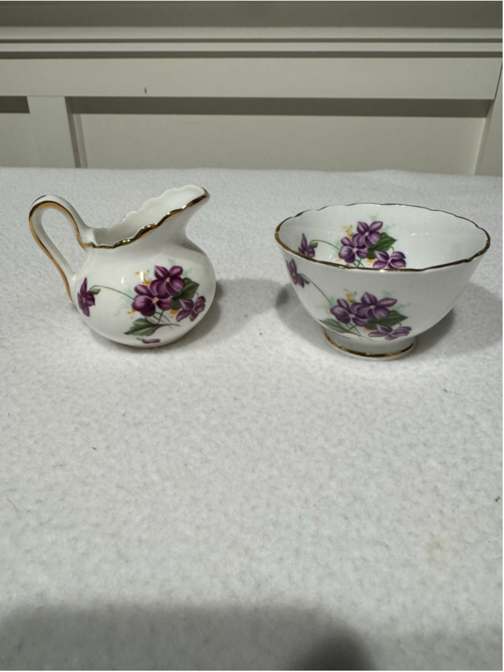 Royal Chelsea Bone China Floral Creamer & Sugar Bowl Set, White Purple Gold